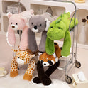 A metal cart holds Long Arm Animal Weighted Stuffed Animals—fluffy plush raccoon, koala, bear, giraffe—each with long limbs draped over the cart’s shelves in a cozy indoor setting.