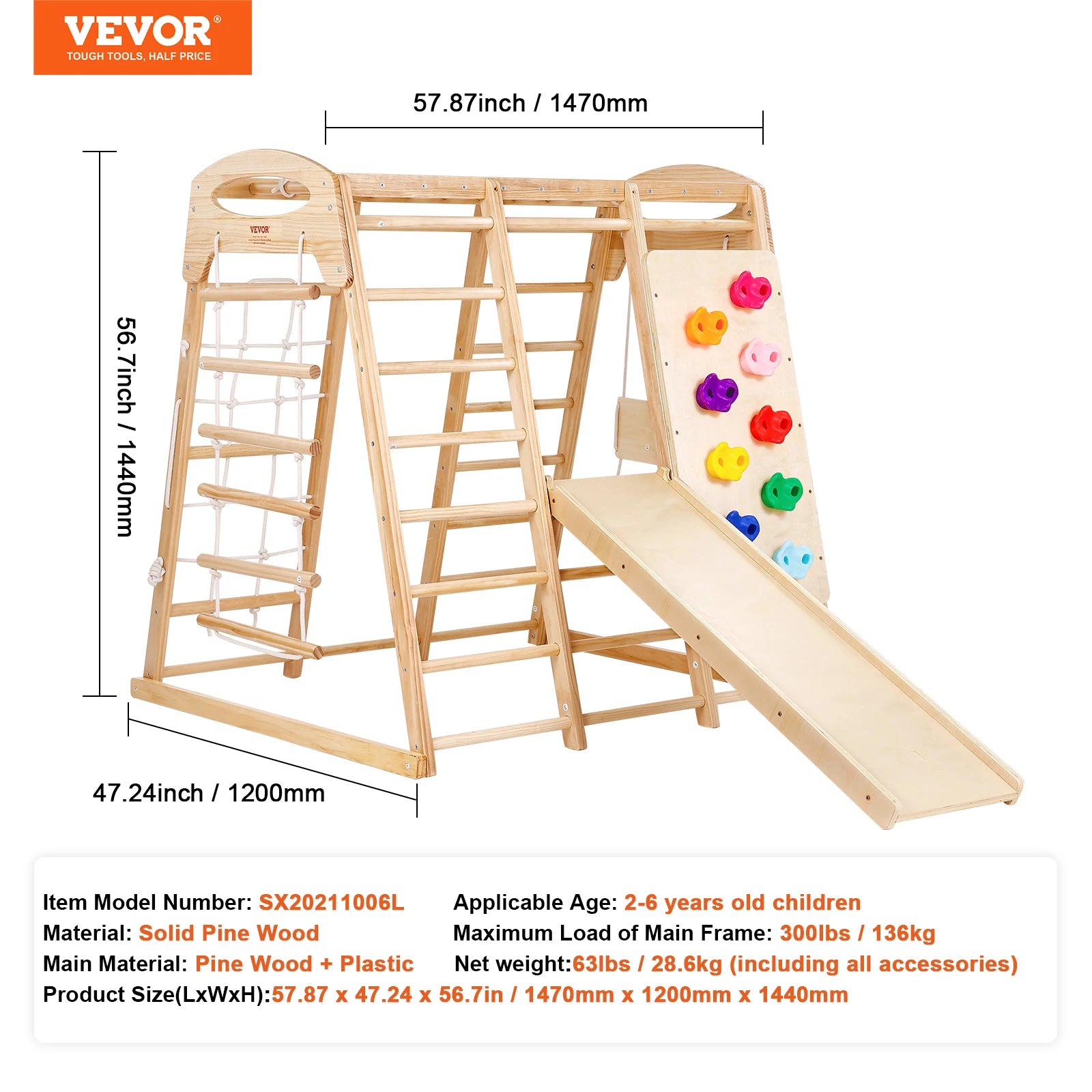 The SucceBuy Indoor Jungle Gym 7-in-1, size L, is a wooden toddler playground for ages 2–6. It includes a slide, wood & rope ladders, net ladder, colorful climbing holds, and multiple bars. See image for full specs and dimensions.