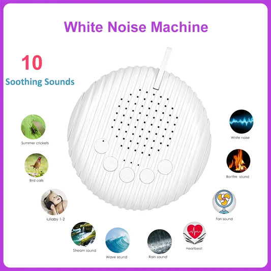 The 10 Songs White Noise Sound Machine is shown with five buttons, surrounded by icons for its soothing sounds: summer crickets, bird calls, lullaby, stream, wave, rain, white noise, bonfire, fan, and heartbeat.