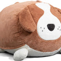 A plush toy shaped like a round, chubby dog in the Kenny Canine color sits atop the Fuf XXL Foam Filled Bean Bag Chair, Deep Terracotta, 6 Feet, creating an adorable accent for any room.