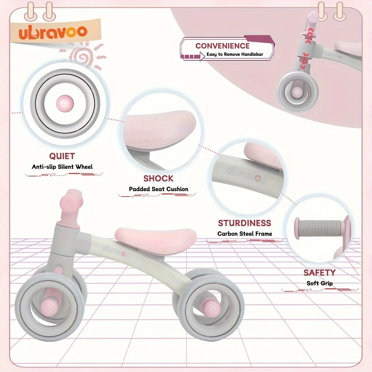 UBRAVOO Sliding Balance Bike features a 3-mode headlight, 4 transparent silent wheels, soft grip handlebars, padded seat, and carbon steel frame—perfect ride-on toy for birthdays and early learning to develop gross motor skills.