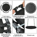 Step-by-step assembly for the Tree Swing with PP Mat: join rods, connect quarters, insert bolts, thread rope, tighten nuts, and finish so your 40 Durable Black Outdoor Saucer Swing is ready for kids and adults to enjoy.