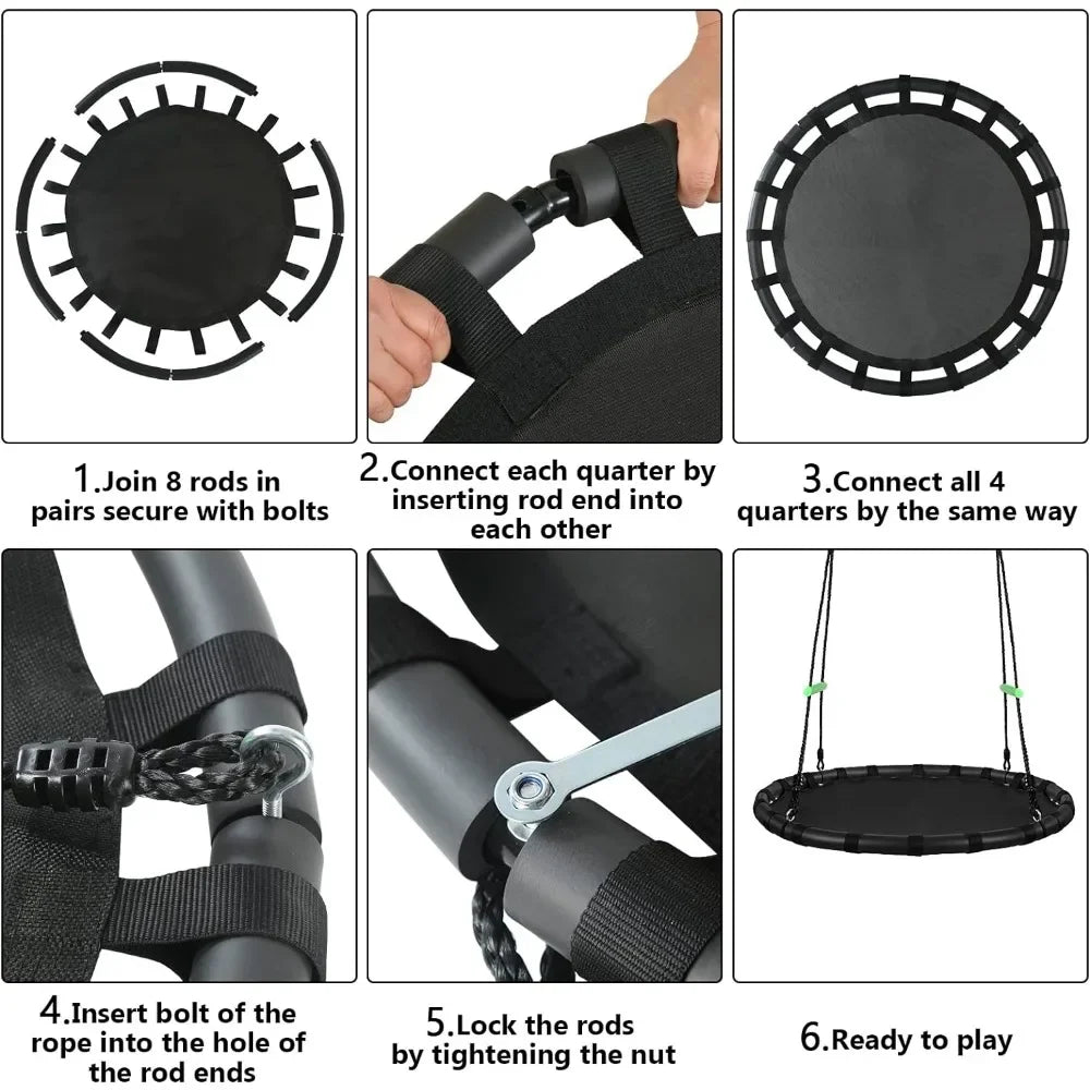 Step-by-step assembly for the Tree Swing with PP Mat: join rods, connect quarters, insert bolts, thread rope, tighten nuts, and finish so your 40 Durable Black Outdoor Saucer Swing is ready for kids and adults to enjoy.