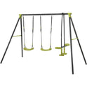 The interesting triple children metal safe swing set holds up to 440lbs, features three black and green seats for kids ages 3+, and is ideal for outdoor playgrounds with easy assembly and chemical-free materials.