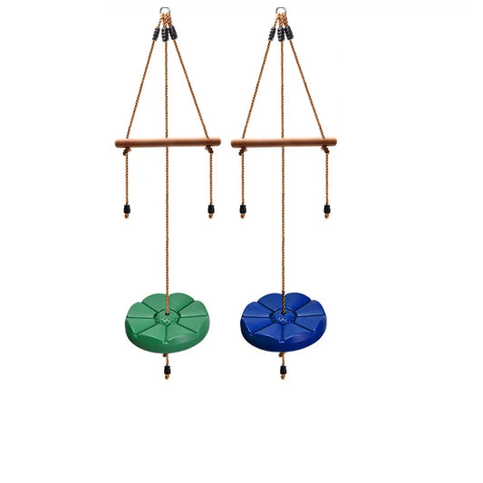The Disc Swing Gym Monkey Bars Tree Swing Set includes two flower-shaped disc swings (green and blue) with sturdy ropes and horizontal wooden handles, perfect for indoor or outdoor fun. The background is plain white.