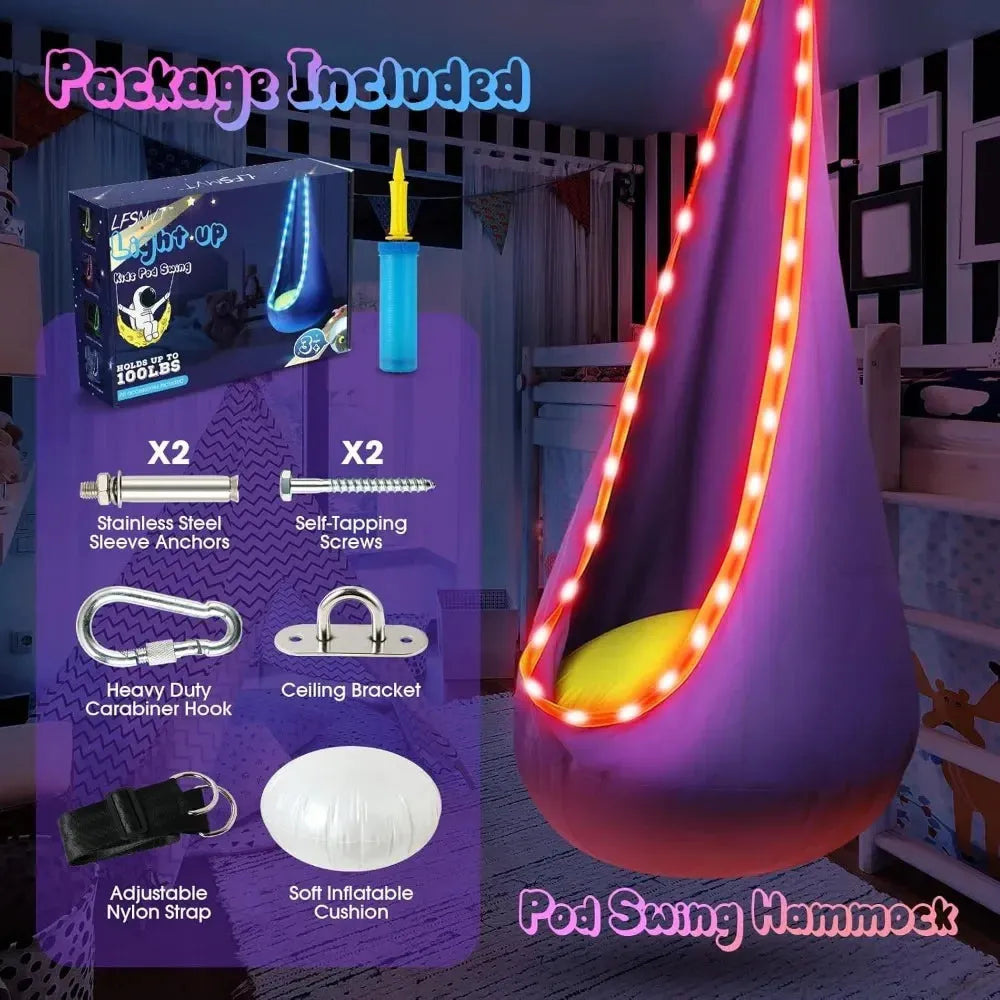 Kids Hanging Hammock Swing with LED Lights, Sensory Pod Swing Chair with Inflatable Pillow & All Accessories (1 PCS) - JoyfulJive