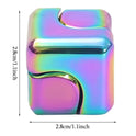 The Infinity Gear Cube Spinner is a small, metallic, iridescent antistress fidget block with rounded edges and curved grooves (2.8 cm per side), suitable for ages 14+. Its rainbow surface reflects light beautifully. Made in Mainland China.