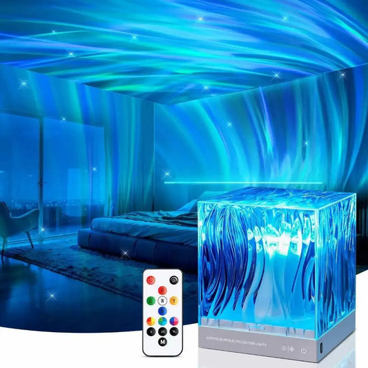 Aurora Borealis Water Ripple Projector Night Light - LED Crystal Lamp for Aesthetic Room Ambiance