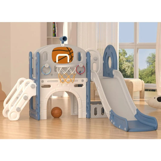 The 8 In 1 Toddler Slide Set With Basketball Hoop For Kids features a small blue-and-white slide, climbing structure, basketball hoop with net, and basketball on the floor, set up in a bright room with large windows.