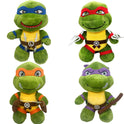 Four 25cm Ninja Turtles Plush Dolls featuring Leonardo, Raphael, Michelangelo, and Donatello are arranged in a 2x2 grid. These stuffed animals make a fun birthday gift or addition to any kids collection.