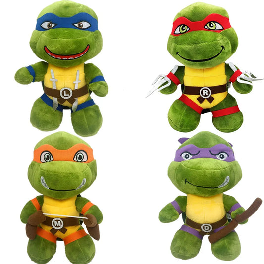 Four 25cm Ninja Turtles Plush Dolls featuring Leonardo, Raphael, Michelangelo, and Donatello are arranged in a 2x2 grid. These stuffed animals make a fun birthday gift or addition to any kids collection.