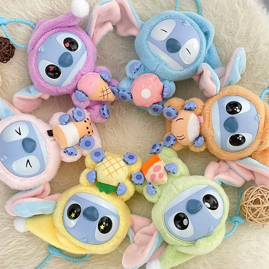 Six Kawaii Accessories Stitch Plush Toys, dressed in pastel animal costumes and holding treats, are arranged on a cream surface—perfect as Lilo and Stitch keychain backpack pendants or keyrings for girls from the Eat Something Before Sleep Series.