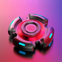 The Fidget Spinners for Adults and Kids Stress Relief Anxiety ADHD Toy is a metal EDC hand spinner with glowing cyan accents, a red center, engraved text, and a geometric logo, shown on a shiny pink-purple background.