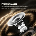 Exploded view of the Edifier ES850NB’s 40mm titanium-coated composite driver with text: Premium Audio. Enjoy Hi-Res sound—crisp highs, detailed mids, and powerful bass in these wireless noise-cancelling headphones. Golden particles swirl behind.