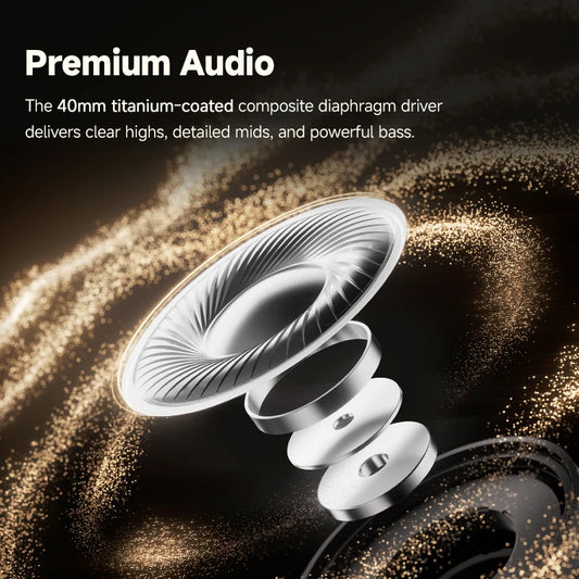 Exploded view of the Edifier ES850NB’s 40mm titanium-coated composite driver with text: Premium Audio. Enjoy Hi-Res sound—crisp highs, detailed mids, and powerful bass in these wireless noise-cancelling headphones. Golden particles swirl behind.
