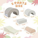 The Rainbow Soft Play Set includes five neutral-colored soft foam blocks—arches, rectangle, wedge, and cylinder—for ages 6-12. Each piece has labeled inch dimensions and is set on a pastel floral background; set features a foldable slide for climbing and crawling.