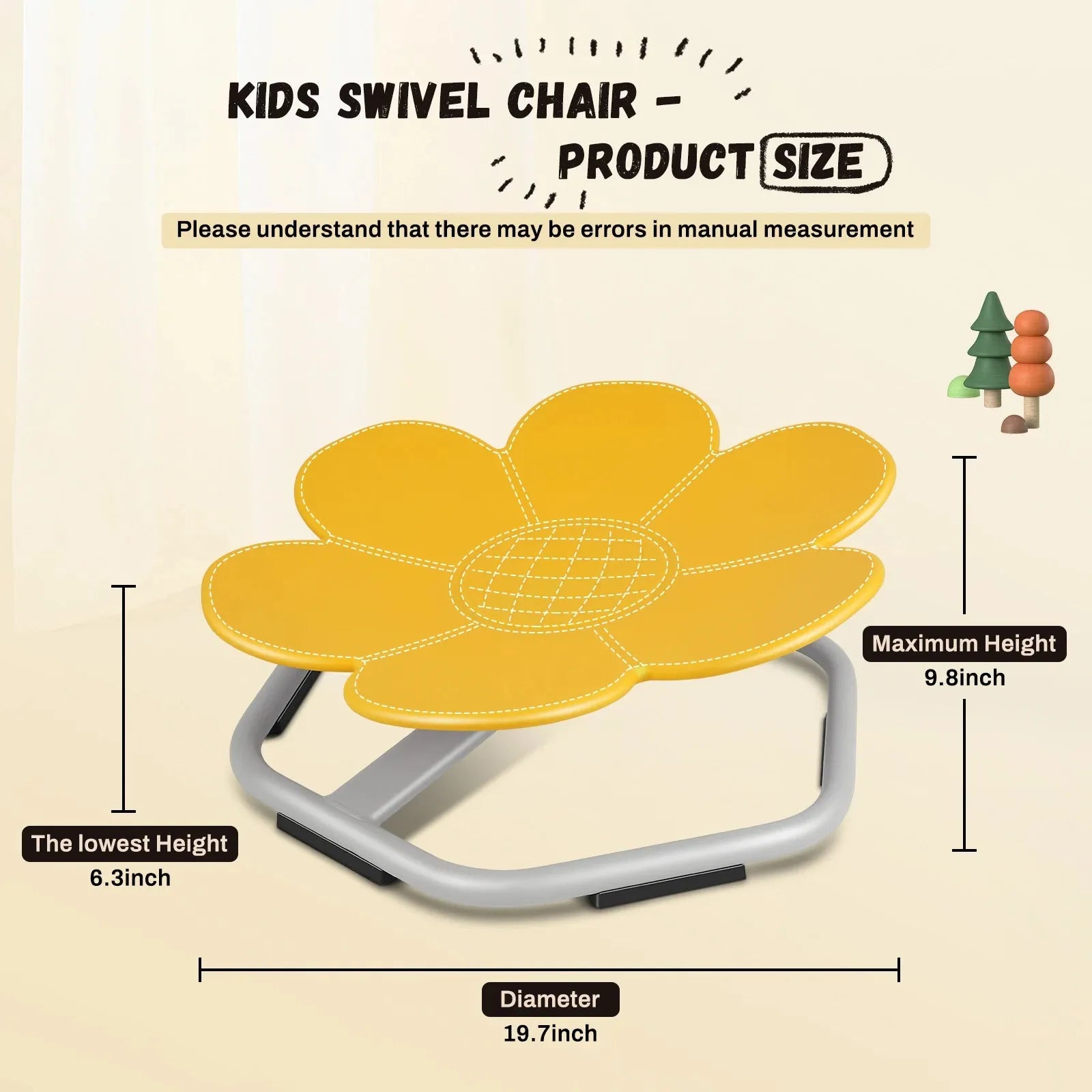 The Playful Elephant Spin Sensory Chair for Kids, a yellow flower-shaped chair with a round base, enhances balance and coordination during playtime. Dimensions: max height 9.8, min height 6.3, diameter 19.7. A small tree toy adds charm to the background setting.