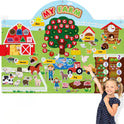 A young girl points at the Farm Animals Felt Story Board Set Interactive Play Kit for Toddlers, featuring farm animals, a barn, letters, numbers, farmer and tractor illustrations for early learning and interactive play.