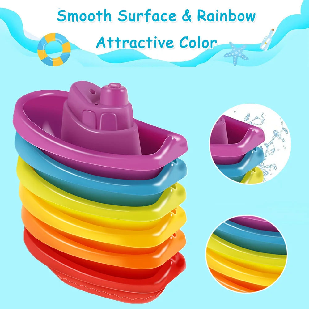 Baby Bath Toys, Stacking Boat & Spoons Toys, Early Education Intelligence Gift, Rainbow Color Stacked Cup Folding Tower Baby Toy