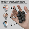 Hand holds the 4Pcs 8PCS Silicone Magnetic Balls Set for Adults; arrows show stress relief, fewer bad habits (like nail-biting), and better focus. Images demonstrate uses. Text: MADE FOR RESTLESS FINGERS!.