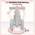 Front view of the Sliding Balance Bike with 3 Mode Headlight and 4 transparent silent wheels, featuring a 135° handlebar turning limit to prevent side falling and support gross motor skills. Text: Handlebar Safe Steering. Avoid Side Falling.