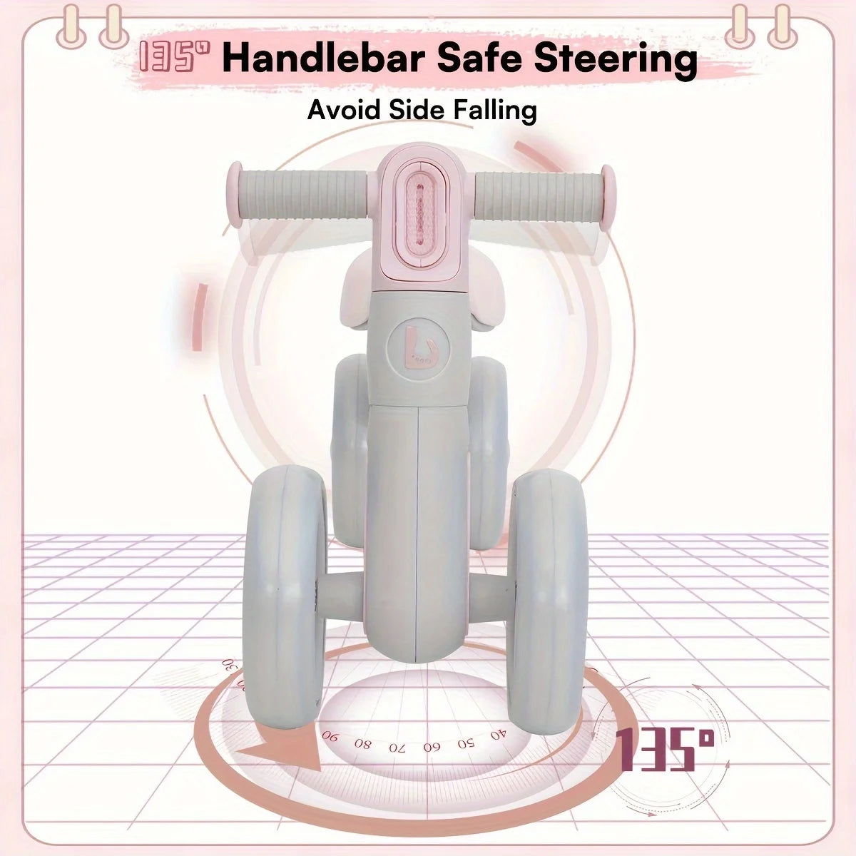 Front view of the Sliding Balance Bike with 3 Mode Headlight and 4 transparent silent wheels, featuring a 135° handlebar turning limit to prevent side falling and support gross motor skills. Text: Handlebar Safe Steering. Avoid Side Falling.