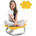 A child with long hair and light clothing sits cross-legged on the yellow Playful Elephant Spin Sensory Chair, a silver-based swivel seat ideal for balance and coordination. The sensory chair is also shown in detail beside them.