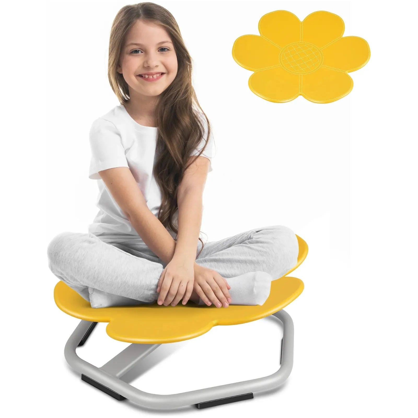 A child with long hair and light clothing sits cross-legged on the yellow Playful Elephant Spin Sensory Chair, a silver-based swivel seat ideal for balance and coordination. The sensory chair is also shown in detail beside them.
