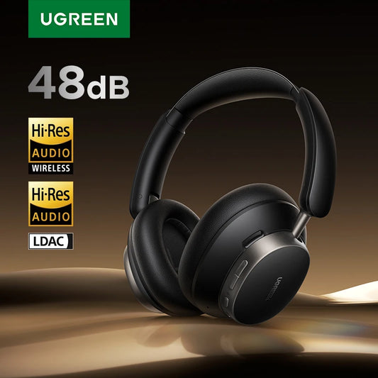 Black UGREEN Studio Pro 48dB ANC Wireless Headphones displayed on a gold and brown background, featuring labels for 48dB active noise cancellation, Hi-Res Audio, LDAC support, and up to 120-hour Bluetooth playtime.