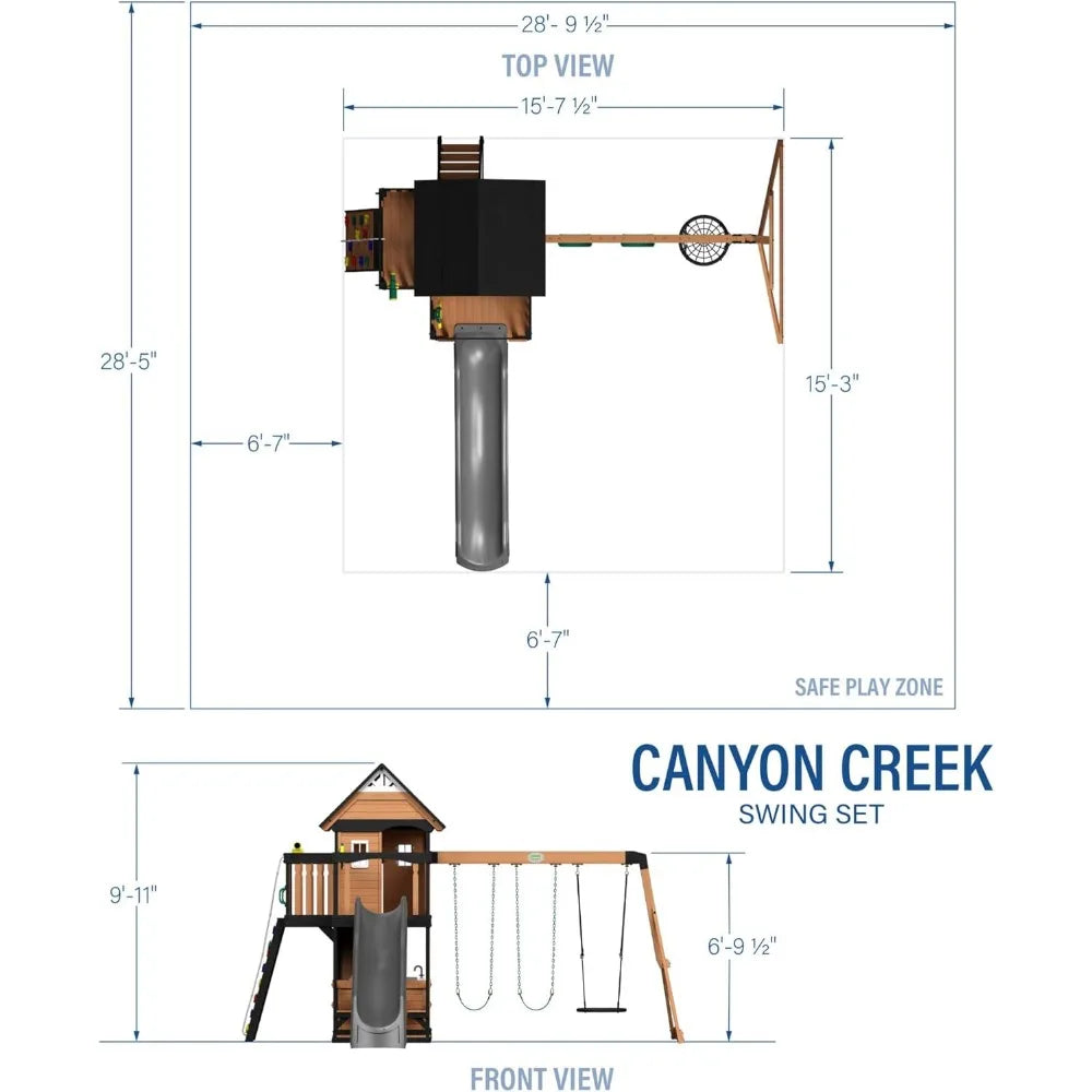 Diagram of the Playhouse Backyard Discovery Canyon Creek Cedar Swing Set showing top and front views with labeled dimensions, climbing tower, slide, swings, playhouse, and a marked safe play zone.