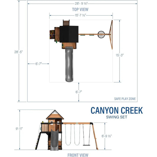 Diagram of the Playhouse Backyard Discovery Canyon Creek Cedar Swing Set showing top and front views with labeled dimensions, climbing tower, slide, swings, playhouse, and a marked safe play zone.