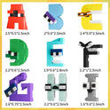 Nine vibrant, block-style letters (A–I) from the Gobricks MOC Letters Lore A-Z English Alphabet Building Blocks Set are arranged in a 3x3 grid on a white background with a yellow border, each featuring cartoon eyes and size details.