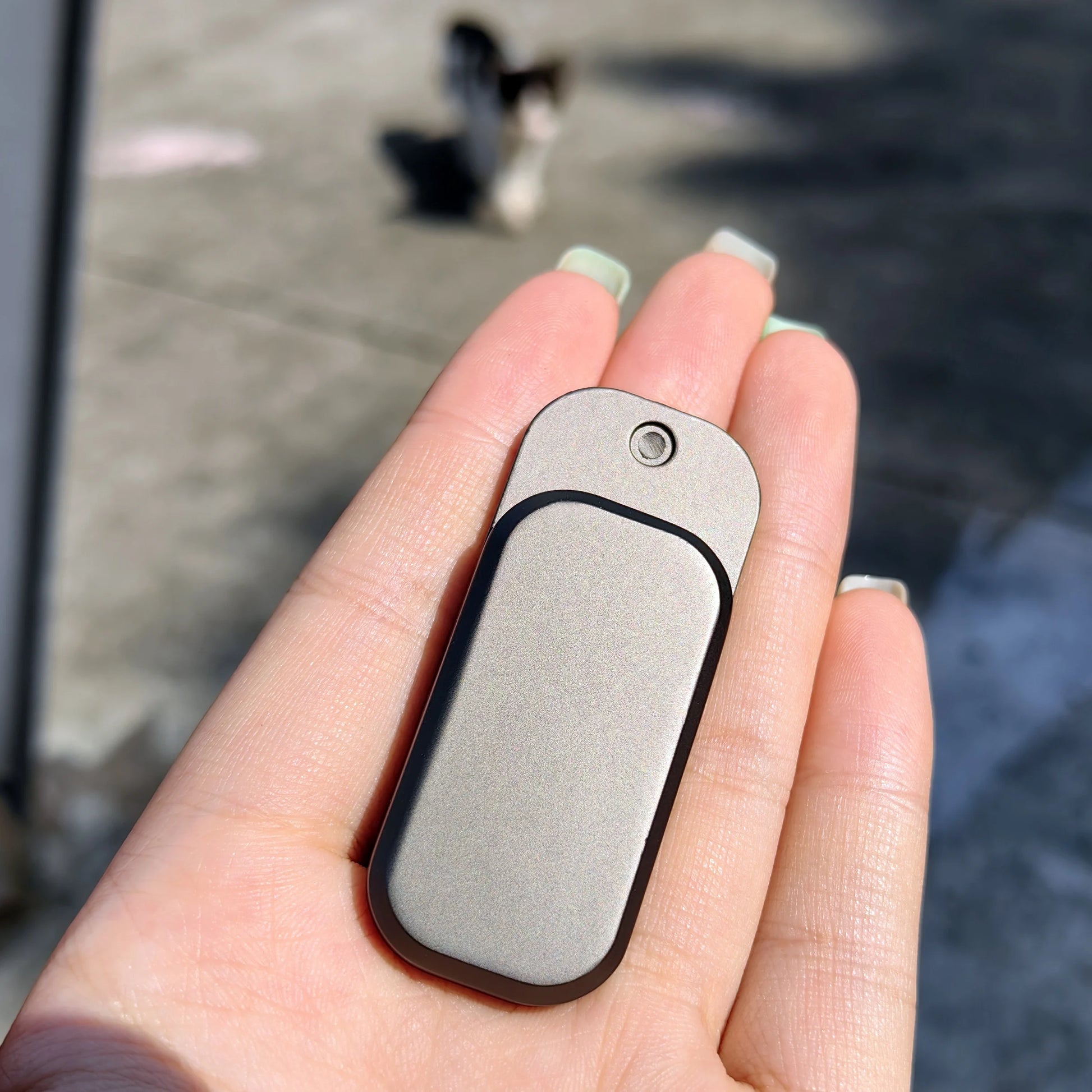 A hand with light green nails holds an Owl Push Slider Fidget Toy outdoors, with a blurry cat in the background on sunlit pavement.