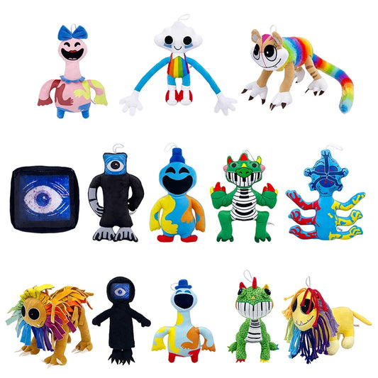 Twelve Nightmare Critters Plush Toy Dolls (14–34cm), including Yarnaby, Pianosaurus, Song, and Harley Sawyer, are arranged in three rows with vibrant patterns and extra eyes or arms—a soft stuffed animal gift for children.