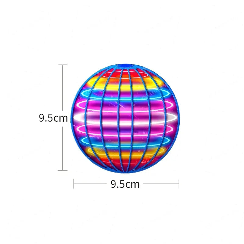 The Magic Flying Ball Mini Toy, a colorful glowing UFO boomerang spinner with automatic obstacle avoidance (9.5 cm), is shown against a white background—perfect for adults and kids as a Christmas gift.