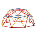 The Kids Outdoor Climbing Dome is a multicolor metal structure featuring monkey bars and interconnected triangles, forming a half-sphere ideal for outdoor play.