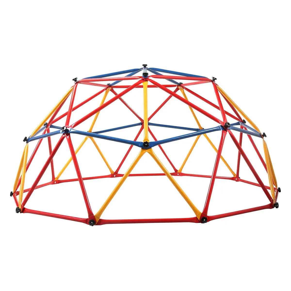 The Kids Outdoor Climbing Dome is a multicolor metal structure featuring monkey bars and interconnected triangles, forming a half-sphere ideal for outdoor play.