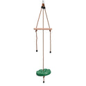 The Disc Swing Gym Monkey Bars Tree Swing Set is a green disc swing with a rope seat and wooden handlebar, suspended by brown ropes—ideal for indoor or outdoor play as a tree swing or with monkey bars for extra backyard fun.