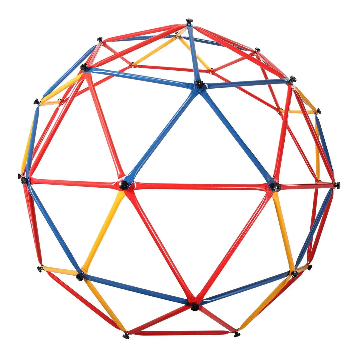 The Kids Outdoor Climbing Dome is a childrens play center crafted with red, blue, and yellow metal bars forming a spherical shape. Black nodes connect at each junction. Its manufactured in Mainland China and designed for active fun.