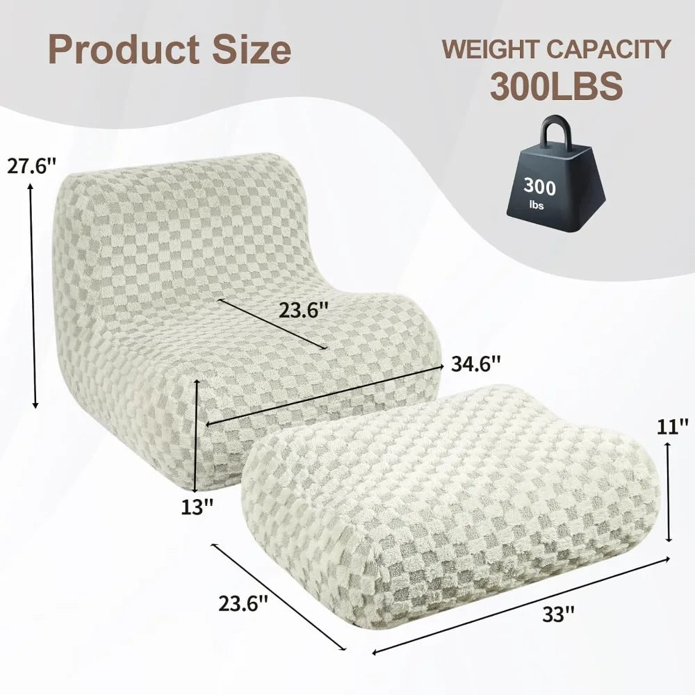 A diagram of the Bean Bag Sofa and Footstool set shows a checkered-pattern chair (27.6H x 23.6W x 34.6D, seat height 13) and ottoman (11H x 23.6W x 23.6D), both with plush memory foam; weight capacity: 300 lbs.