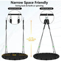 Diagram of the 40-inch Tree Swing with PP Mat for Kids and Adults: adjustable ropes (47-63 in), two modes—back & forth with two ropes or spin mode using a rotation clip. Ideal for narrow spaces; durable black flying saucer web design.