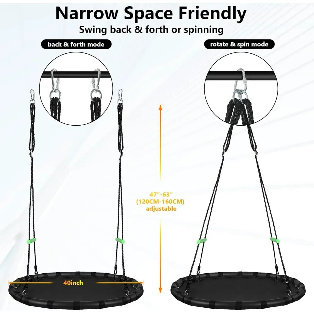 Diagram of the 40-inch Tree Swing with PP Mat for Kids and Adults: adjustable ropes (47-63 in), two modes—back & forth with two ropes or spin mode using a rotation clip. Ideal for narrow spaces; durable black flying saucer web design.