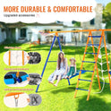 Two children enjoy the for backyard 6 in 1 Metal Swing Set for Kids (440lbs capacity) in a grassy yard. Inset images highlight easy assembly, climbing rope, galvanized hardware, and a safety locking carabiner.