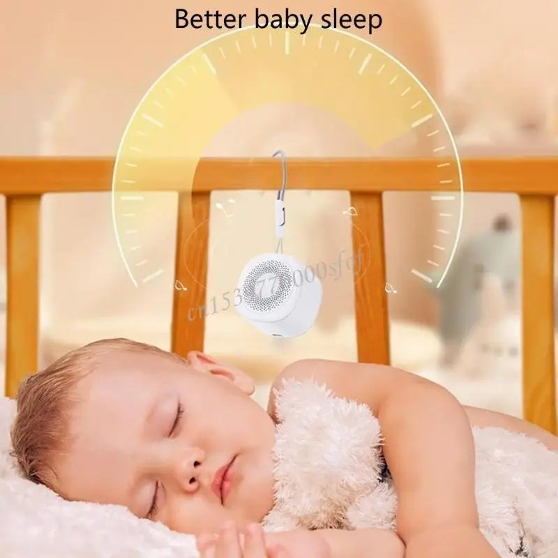 A baby sleeps peacefully in a crib, hugging a plush toy, while the Portable Sleep Aid Device for Baby with 10 soothing sounds and a creative night light hangs above, offering comforting sleep support for crib and travel.