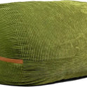 The Fuf XXL Foam Filled Bean Bag Chair in Moss Green, 6 feet long, features a plush corded oval design with a horizontal brown strap and removable cover, shown against a white background.