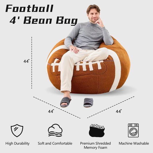 A man relaxes on the Sports Football Bean Bag Chair for Adults and Kids—an ultra-soft Sherpa plush seat with white stitching, memory foam filling, a washable cover, and 44-inch sides for lasting comfort and durability.