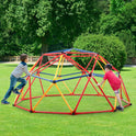 Two children enjoy the Kids Outdoor Climbing Dome, a vibrant geometric metal structure in a grassy park. One, wearing a striped shirt and jeans, climbs while the other in a red shirt and shorts stands on the opposite side amidst lush greenery.