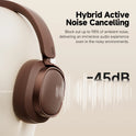 Edifier ES850NB wireless headphones shown on a mannequin’s head, with text: “Hybrid Active Noise Cancelling,” “Blocks up to 98% of ambient noise (-45dB),” over a soundwave graphic. Enjoy immersive Hi-Res audio.