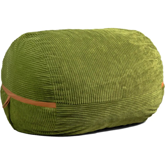 The Fuf XXL Foam Filled Bean Bag Chair in Moss Green (6 feet) features a rounded rectangular shape, a removable cover, and a brown accent strap on one side, shown against a white background.