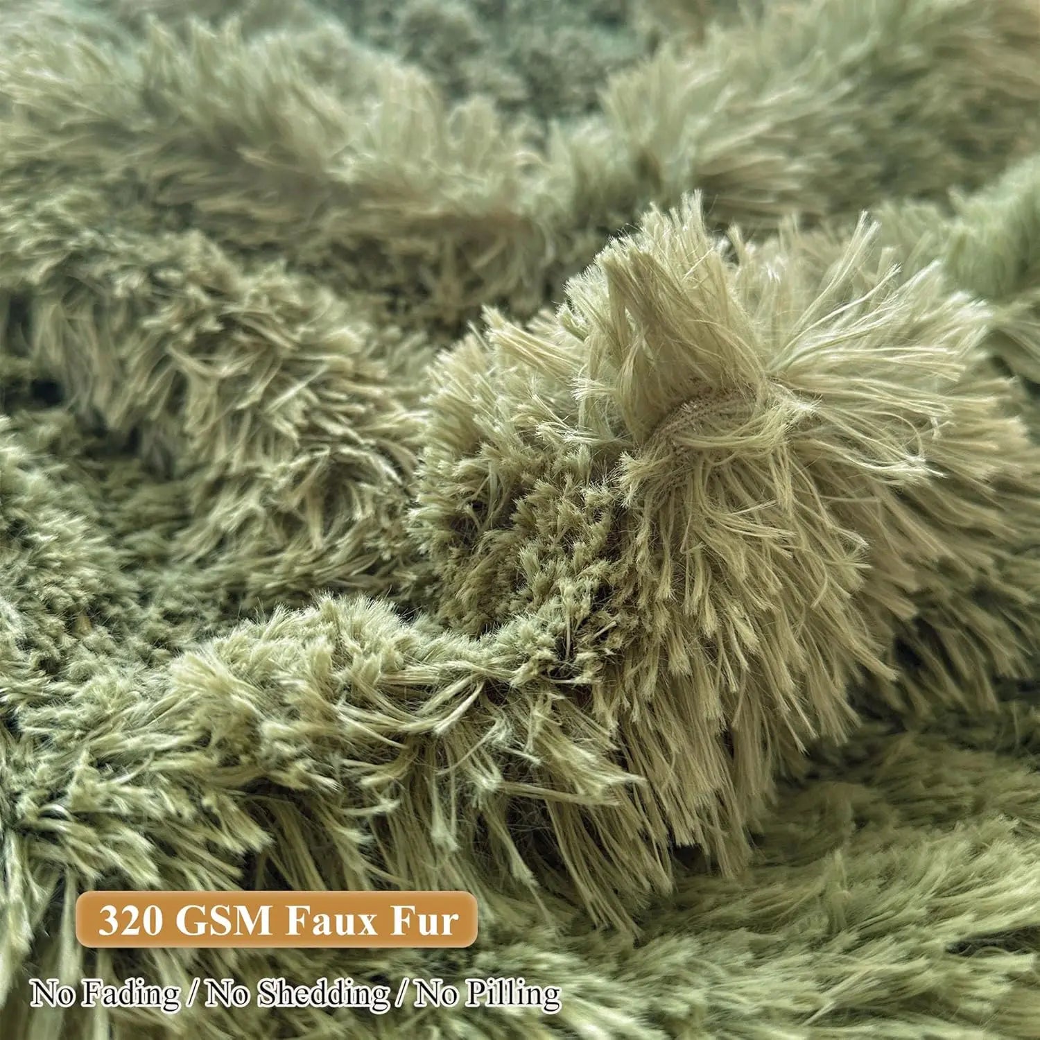 Close-up of soft, green faux fur fabric with a fluffy texture—perfect for the Faux Fur Comfy Bean Bag Cover No Filler Storage Chair. Text reads: 320 GSM Faux Fur and No Fading / No Shedding / No Pilling.